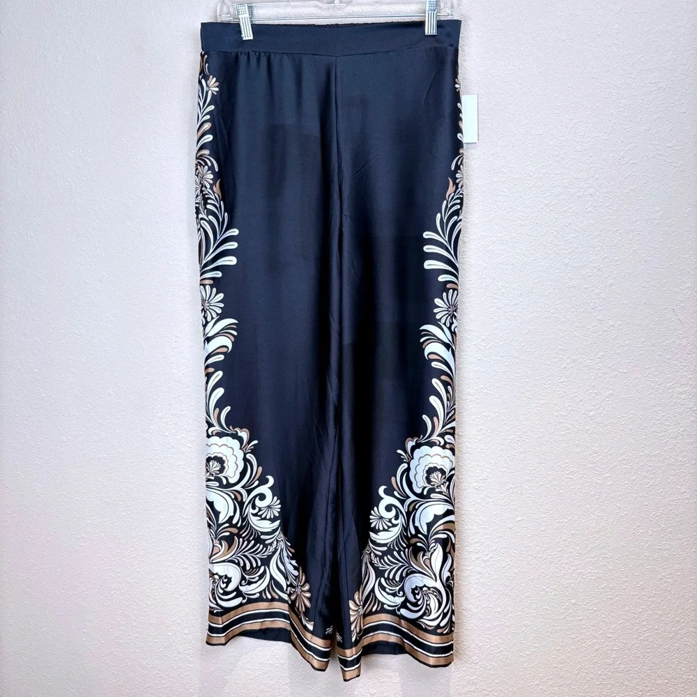 Ellen Tracy Womens Size M Black Gold Floral Wide Leg Satin Palazzo Pants